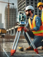 DALL·E 2025-01-09 12.11.37 - A highly realistic photograph of engineers performing site surveying on a construction site, using precise measurement tools like a theodolite and wea