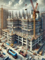 DALL·E 2025-01-09 12.11.39 - A highly realistic photograph of the construction of a modern building, showing scaffolding, cranes, and heavy machinery in use with workers actively