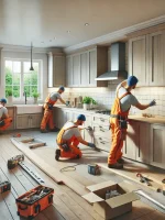 DALL·E 2025-01-09 12.11.41 - A highly realistic photograph of workers renovating a home, focused on installing modern kitchen cabinets in a well-lit residential interior